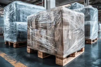Stretched wrapped boxes on pallet stored in warehouse
