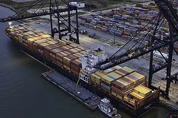 Port Houston container terminal with cargo vessel, marine cranes, and shipping containers illustrating container drayage operations.