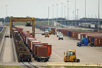 Intermodal containers, trucks and chassis at a rail terminal